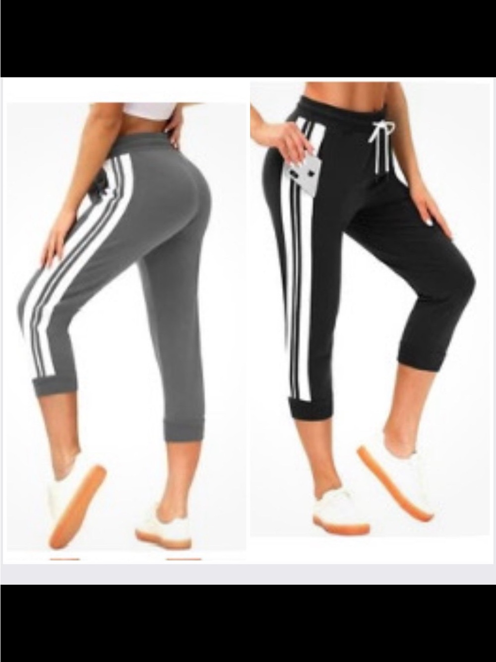 Women’s Capri Jogger Pants with Side Stripes - Gray & Black